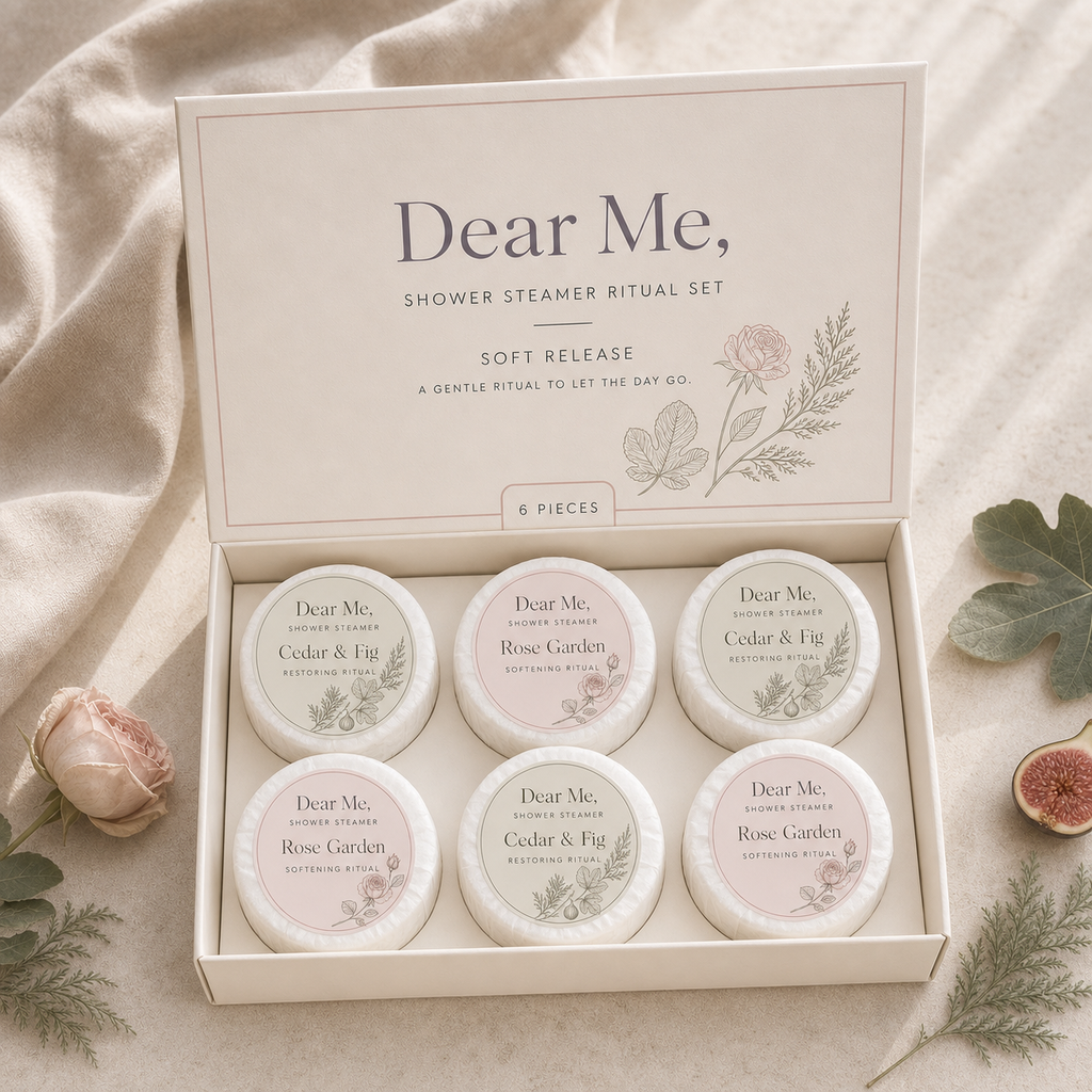 A quiet luxury product hero image showing the SOFT RELEASE six-piece shower steamer gift set in Dear Me, packaging with cedar, fig and rose-inspired botanical details.