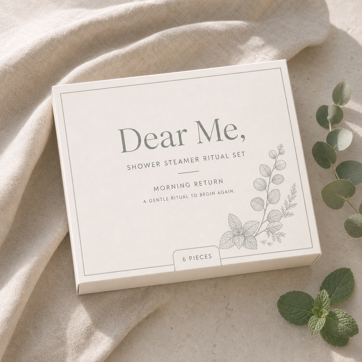 Dear Me, MORNING RETURN Eucalyptus Mint shower steamer gift set in ivory packaging