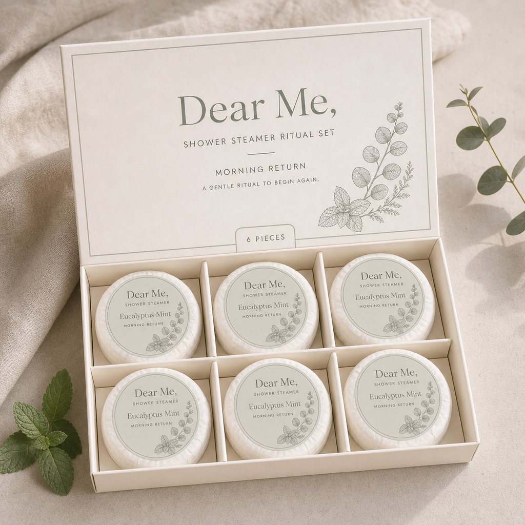 Open Dear Me, MORNING RETURN gift box with six Eucalyptus Mint shower steamers