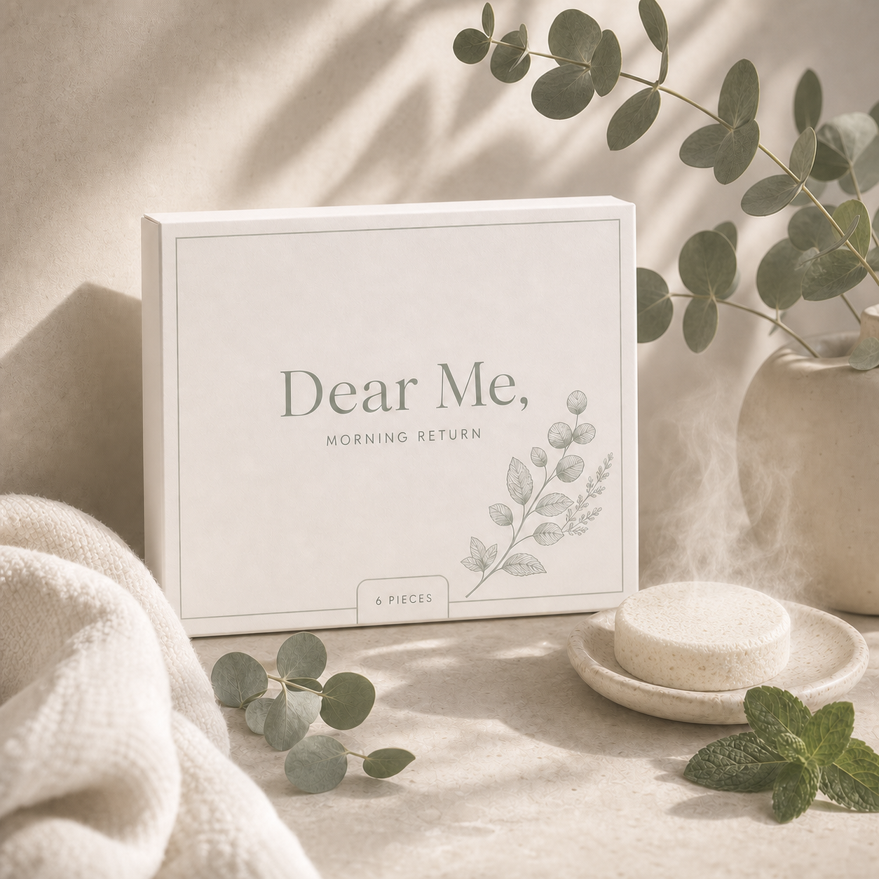 Dear Me, MORNING RETURN Eucalyptus Mint shower ritual in a calm morning setting
