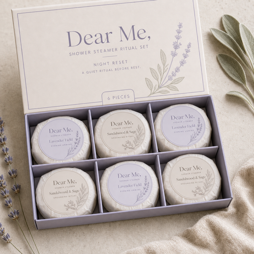 Open NIGHT RESET shower steamer box with three Lavender Field and three Sandalwood and Sage 
