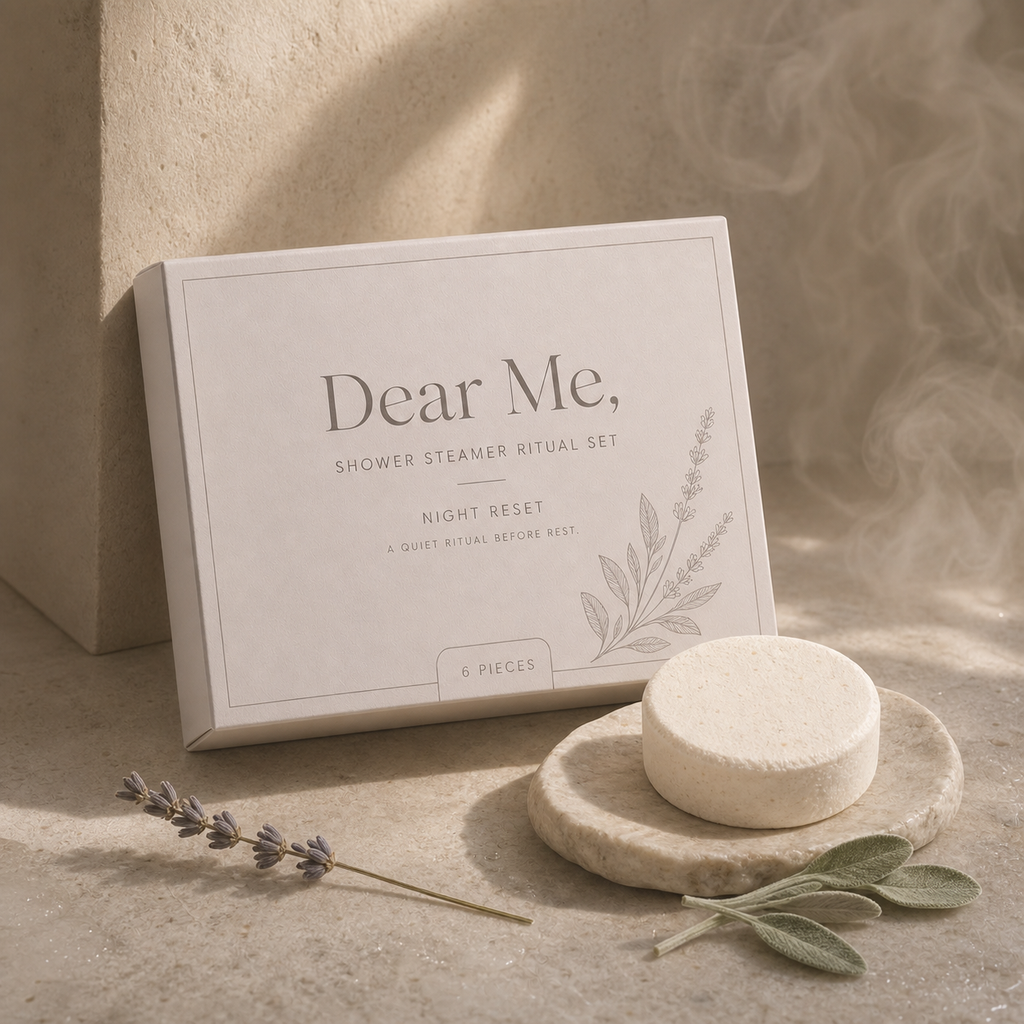 NIGHT RESET shower steamer ritual with lavender and sage in a calm evening shower setting